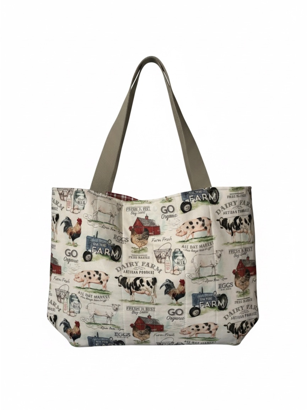 Quilted Farmer Markets Print Tote Bag in Cream Size Medium.